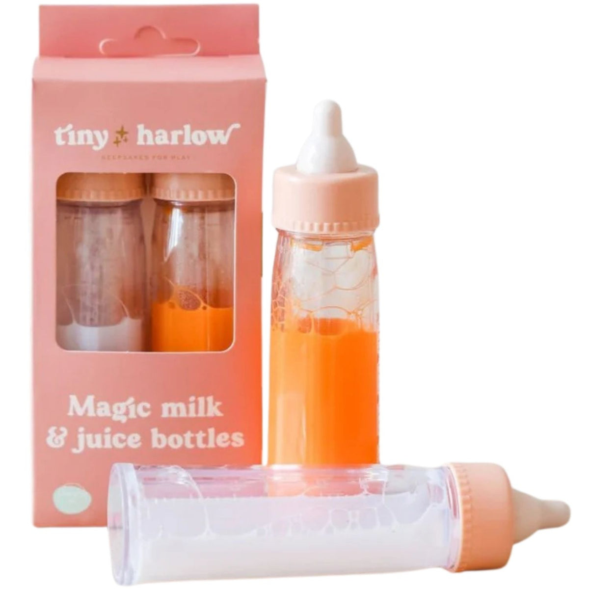 Offrez un jeu d’imitation magique avec le duo de biberons Tiny Harlow. Effet magique réaliste, lait et jus de fruit pour poupées. Développe créativité et empathie dès 3 ans.
