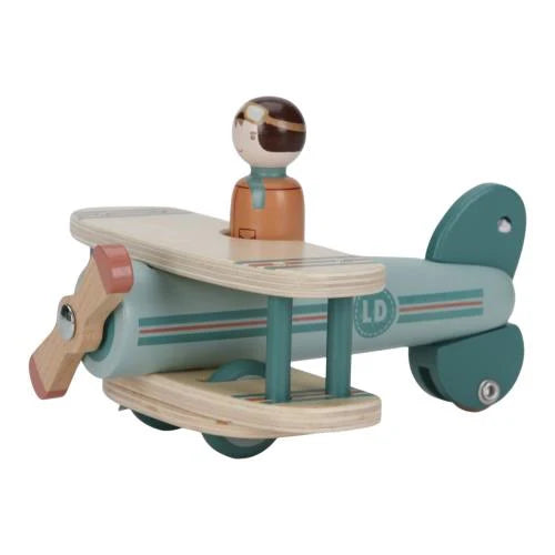 Avion jouet en bois avec hélice et pilote. Jouet d’éveil dès 18 mois pour développer imagination et coordination.