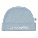 Bonnet Naissance bébé “Le mec parfait” bleu grisé BB & CO