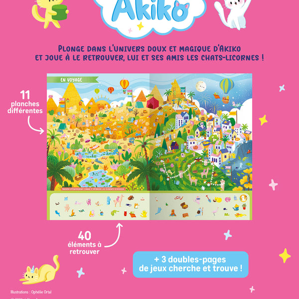 Le Cherche &amp; Trouve Akiko invite les enfants dès 4 ans à retrouver Akiko et ses adorables chats-licornes à travers de magnifiques illustrations pleines de détails. Une activité idéale pour développer l'observation tout en s'amusant.Livre Cherche &amp; Trouve Akiko dès 4 ans pour développer l'observation, la concentration et la mémoire visuelle dans un univers féerique.