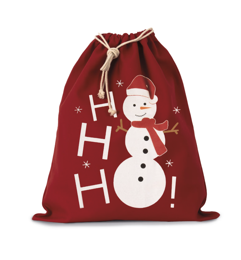 Sac coton à cordon motif bonhomme de neige rouge Petit coeur salé