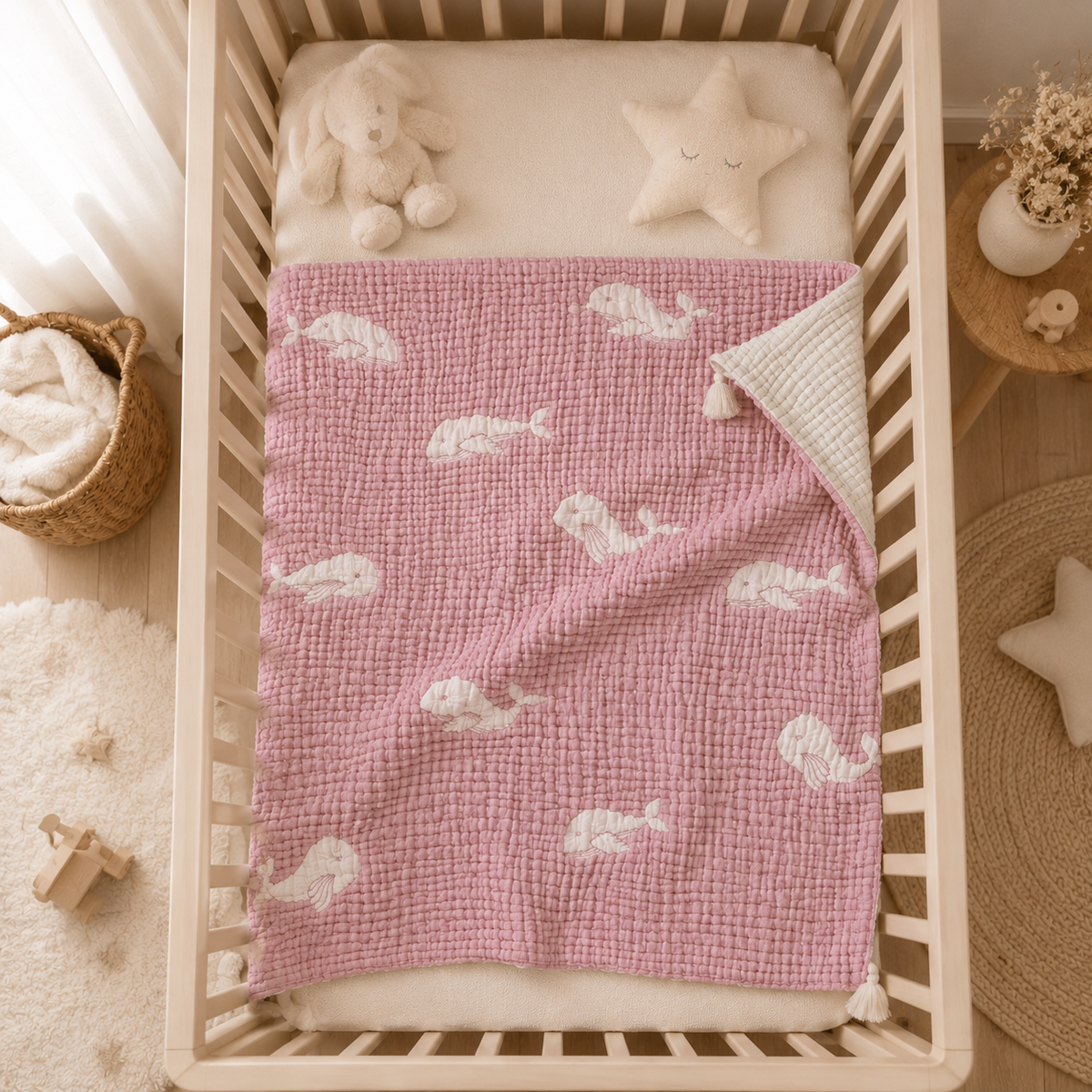 Couverture bébé mousseline matelassée – baleine rose en relief LA MARRAINE