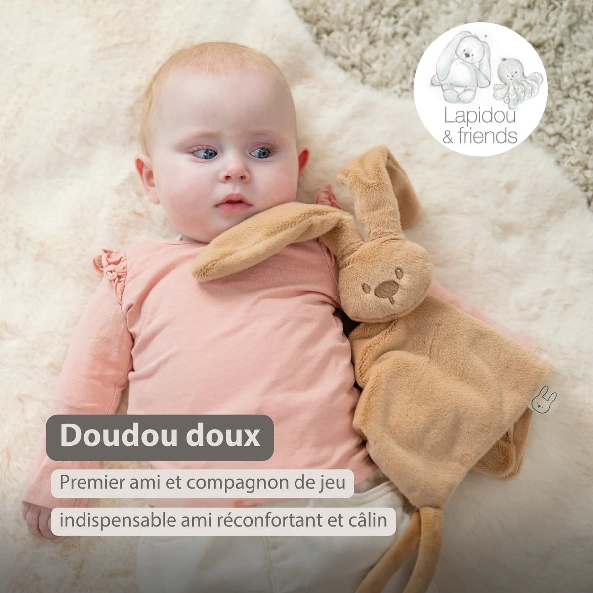 Doudou lapin bébé 27x27 cm – Doudou beige chaud dès la naissance NATTOU