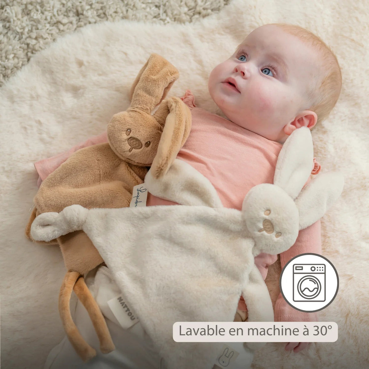 Doudou lapin bébé 27x27 cm – Doudou beige chaud dès la naissance NATTOU