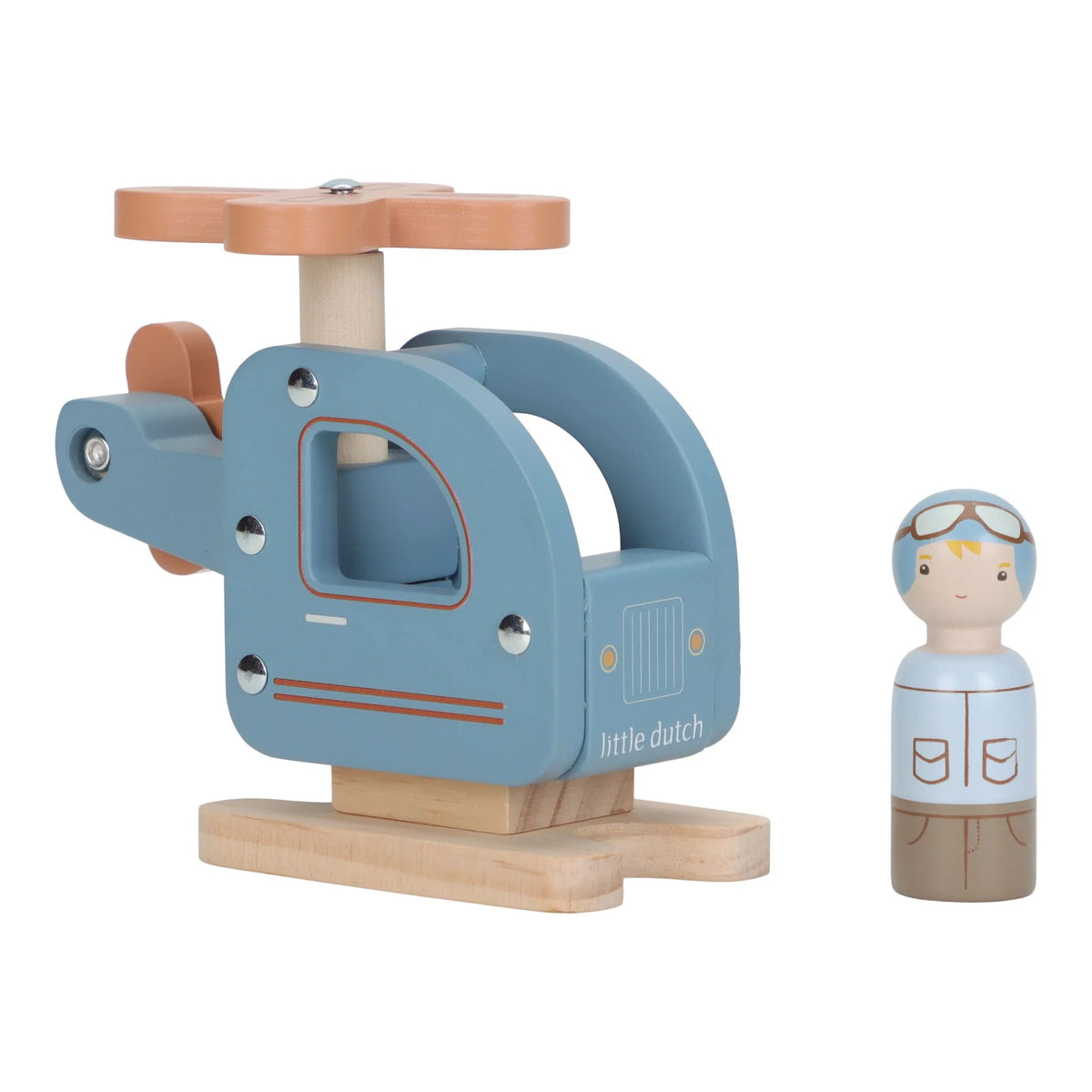 Hélicoptère en bois avec figurine dès 18 mois. Hélice rotative, stimule la motricité et l’imagination.
