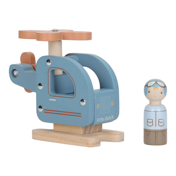 Hélicoptère en bois avec figurine dès 18 mois. Hélice rotative, stimule la motricité et l’imagination.