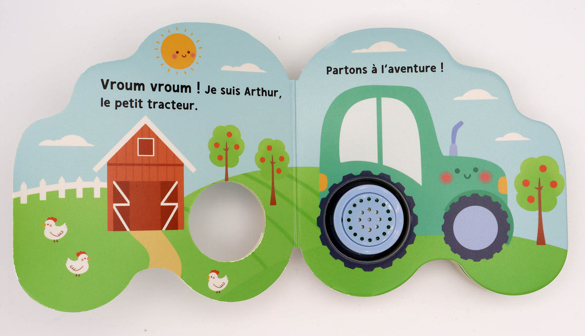 Arthur le Tracteur est un livre sonore en forme de tracteur qui invite les tout-petits à suivre les aventures d'un sympathique héros tout en découvrant le véritable bruit du tracteur. Une lecture interactive idéale pour éveiller les sens et partager un moment de complicité.Livre sonore bébé en forme de tracteur avec véritable bruit de tracteur pour éveiller la curiosité, l'écoute et la motricité des tout-petits.