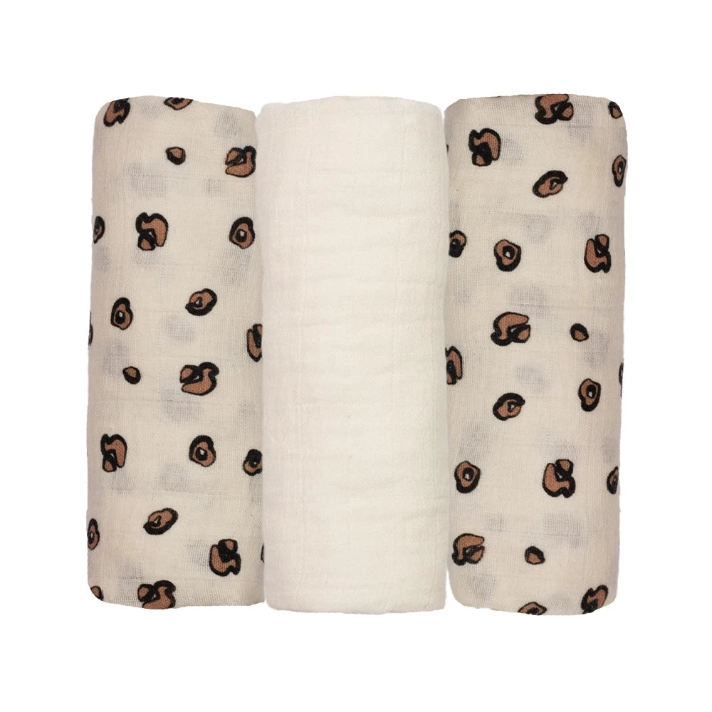 Lot de 3 langes bébé en mousseline – Léopard & beige – 70 × 70 cm TROIS KILOS SEPT