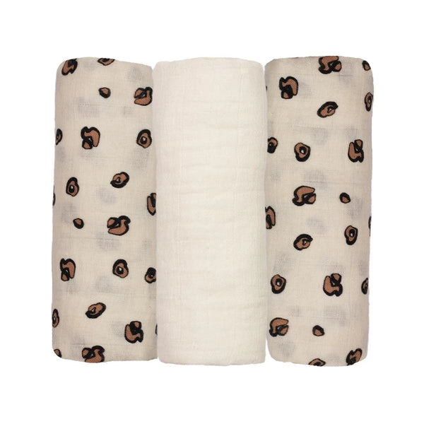 Lot de 3 langes bébé en mousseline – Léopard & beige – 70 × 70 cm TROIS KILOS SEPT
