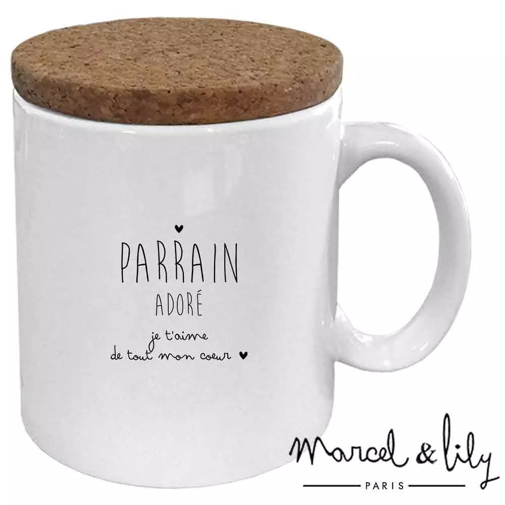 Mug "Parrain adoré je t'aime" avec son couvercle en liège Marcel & Lily