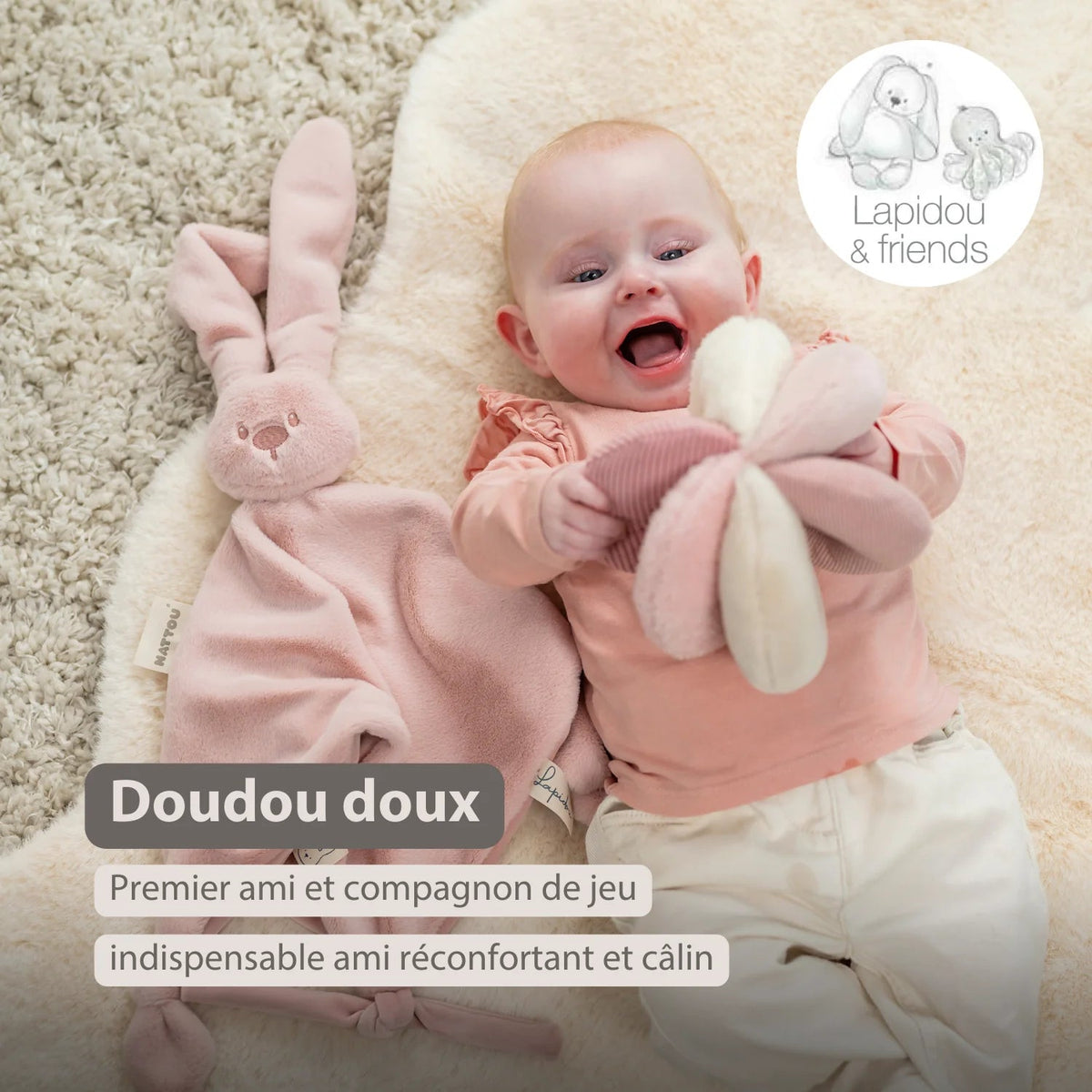 Maxi doudou bébé lapin rose poudré – doudou naissance 65 cm NATTOU