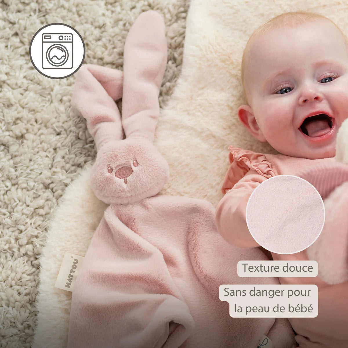 Maxi doudou bébé lapin rose poudré – doudou naissance 65 cm NATTOU