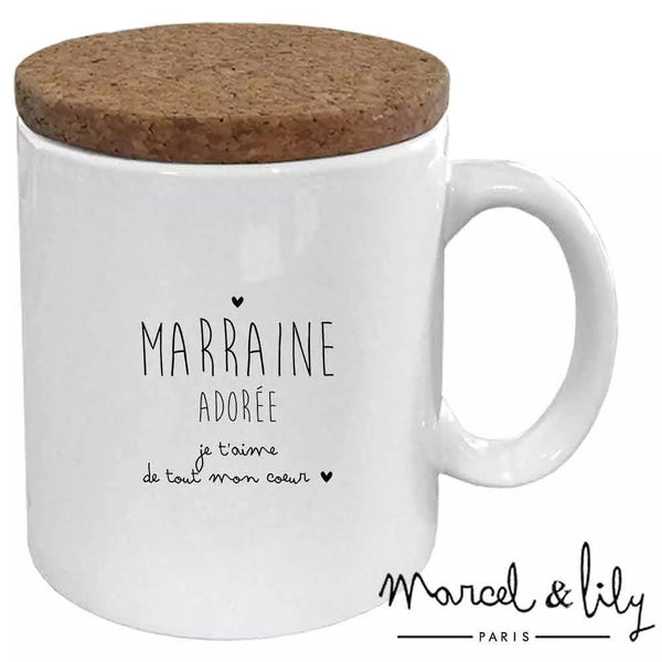 Mug "Marraine adorée" avec son couvercle en liège Marcel & Lily