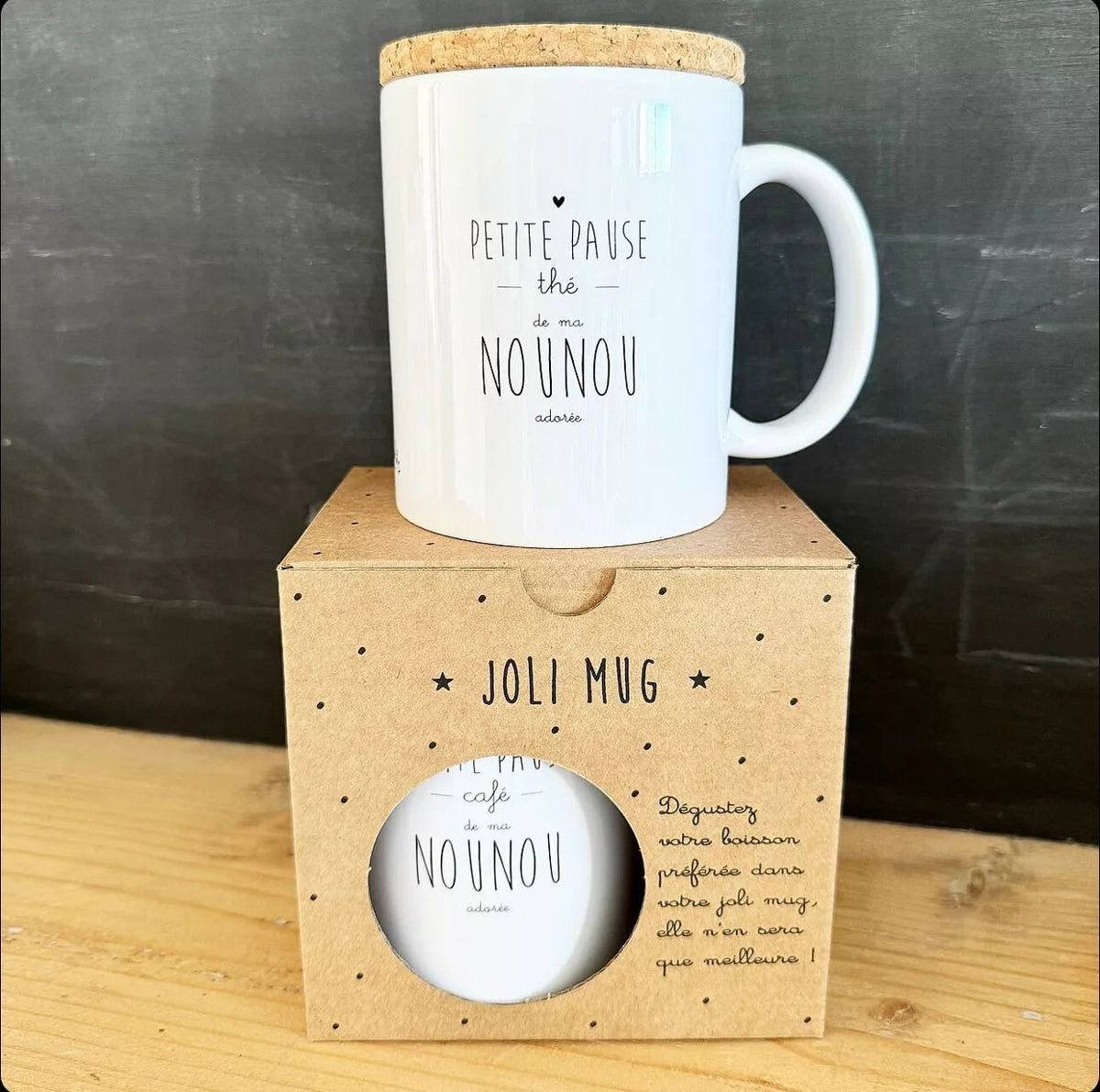 Mug "Pause thé de ma nounou" avec son couvercle en liège Marcel & Lily