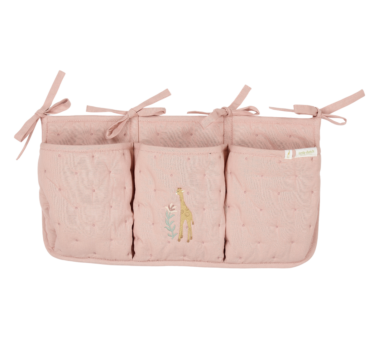 Organisateur de lit bébé rose girafe : le rangement indispensable pour une chambre organisée et apaisante.