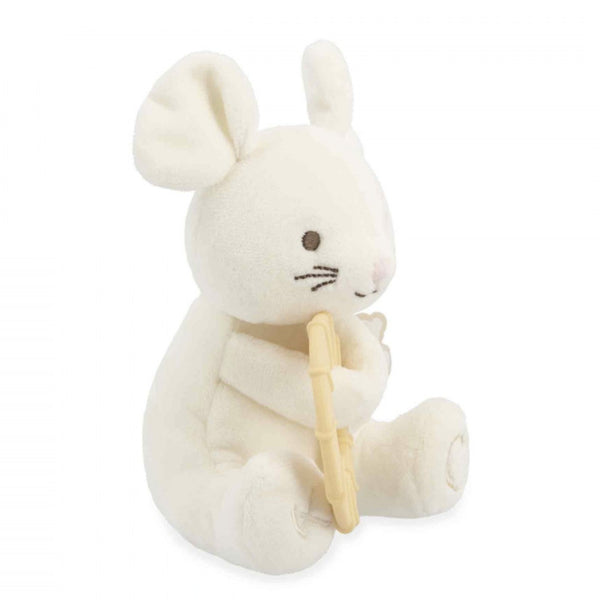 Peluche avec anneau de dentition silicone dès 3 mois. Apaise les gencives et réconforte bébé.