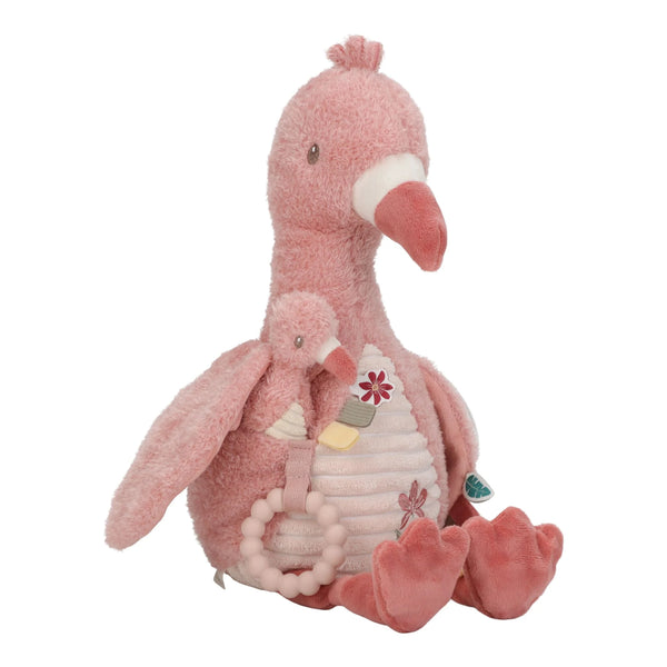 Peluche d’activités flamant rose Safari Friends avec textures, anneau de dentition et perles sonores. Idéale dès la naissance. LITTLE DUTCH