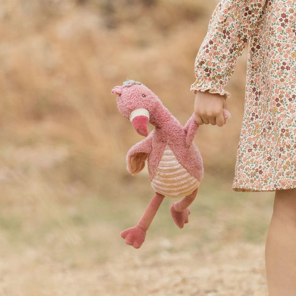 Peluche flamant rose 32 cm : un compagnon doux et sensoriel pour câliner bébé dès la naissance.