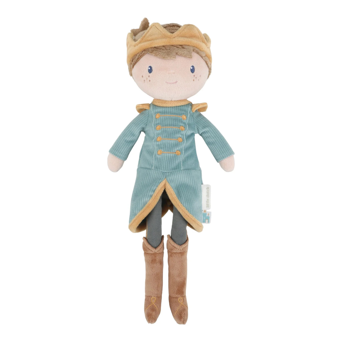 Poupée en tissu 35 cm Prince Jim, douce et royale. Idéale dès 12 mois pour stimuler l’imagination. Une belle poupée souple pour un bébé de 1 an