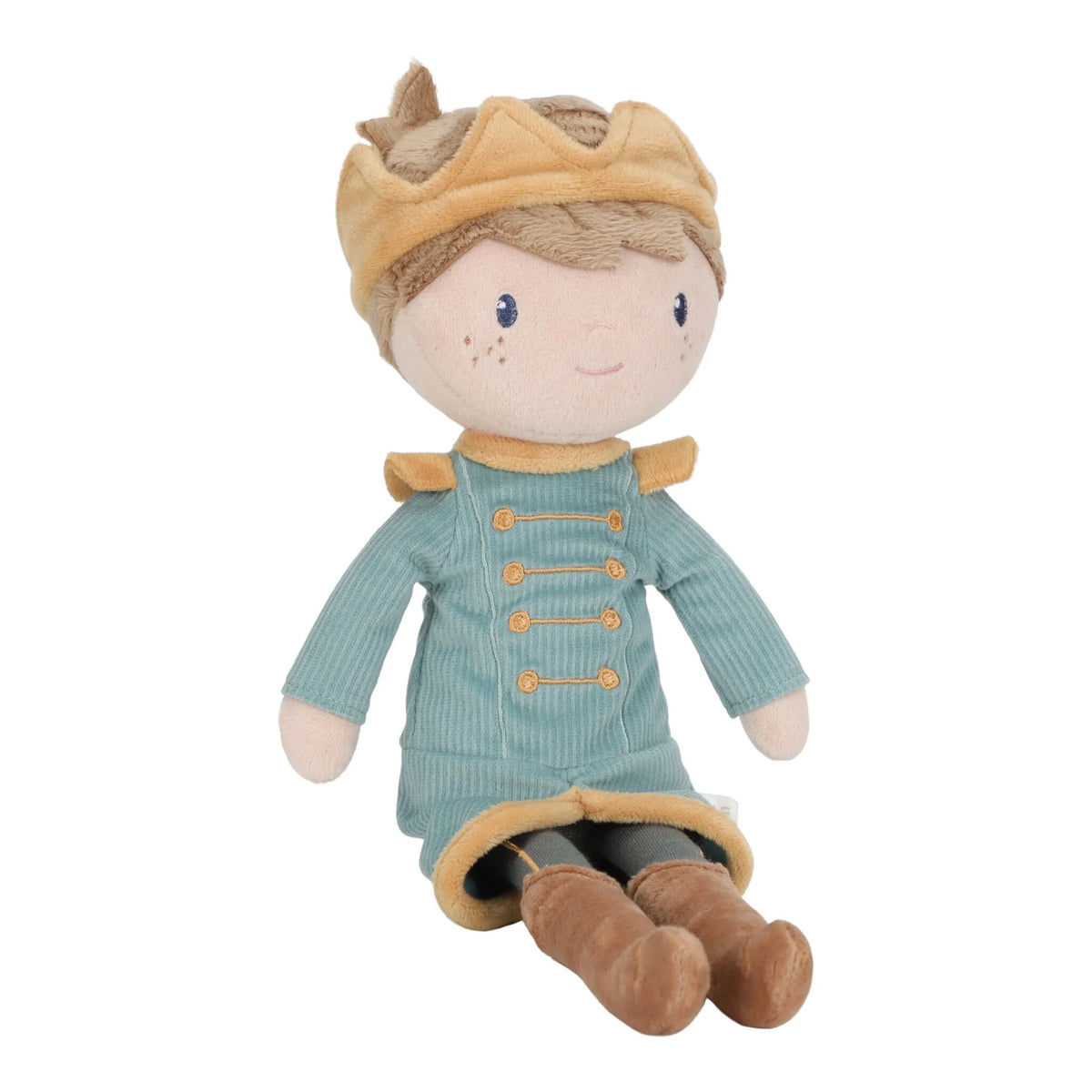 Poupée en tissu 35 cm Prince Jim, douce et royale. Idéale dès 12 mois pour stimuler l’imagination. Une belle poupée souple pour un bébé de 1 an