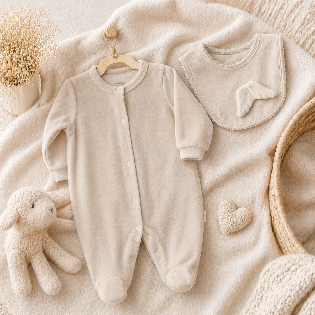 Pyjama velours Beige – Ailes d’Ange avec Bavoir assorti ANDYWAWA