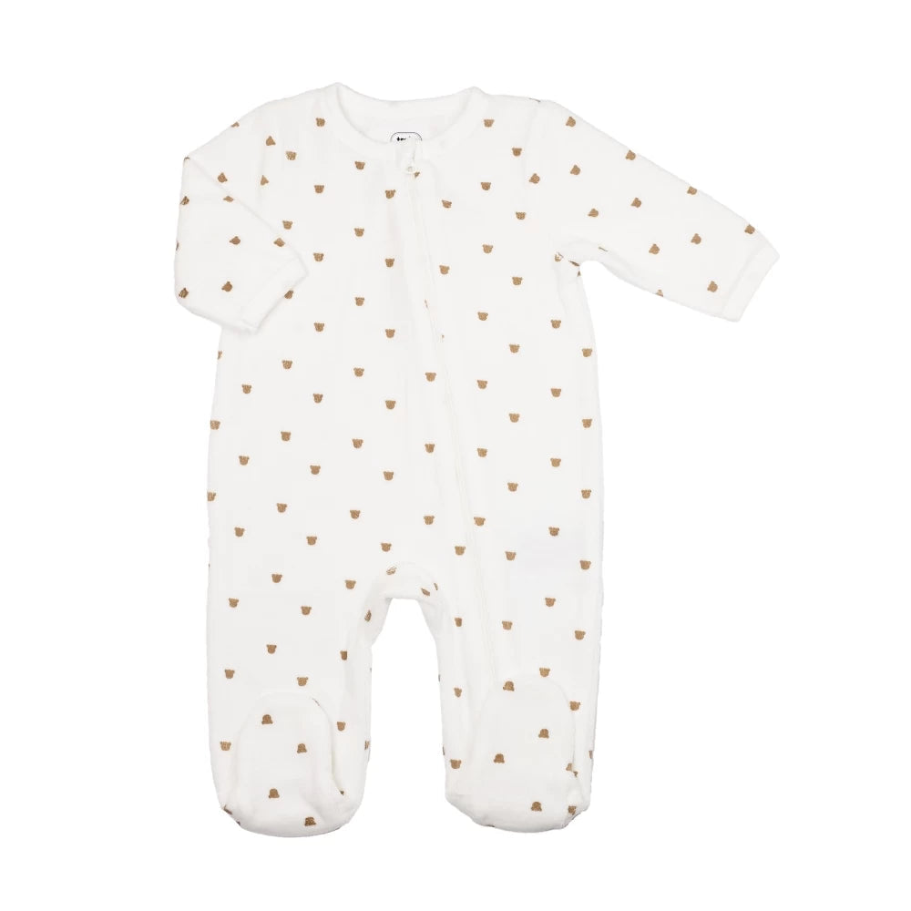 Pyjama bébé en velours – Tête d’ourson moka – Écru TROIS KILOS SEPT