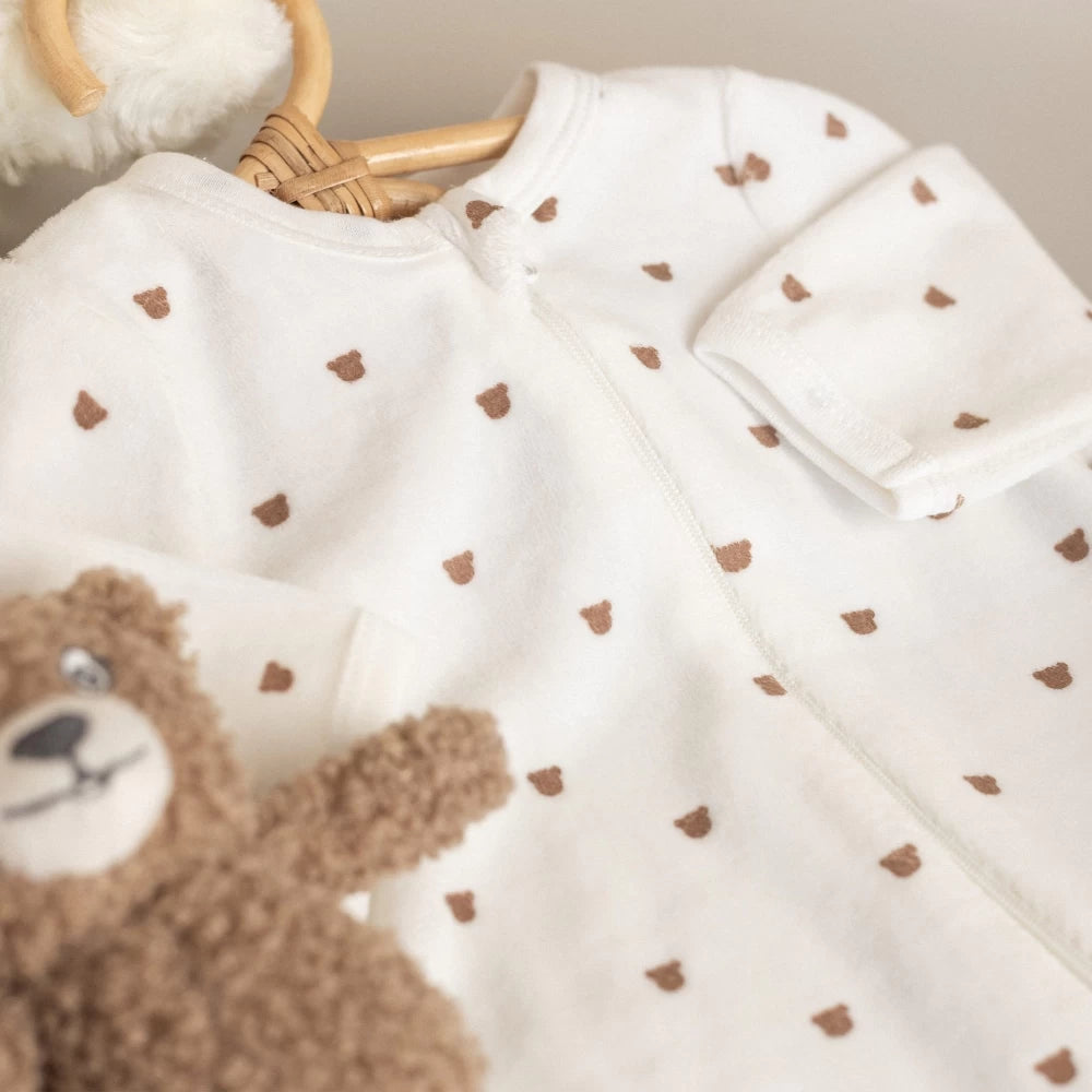 Pyjama bébé en velours – Tête d’ourson moka – Écru TROIS KILOS SEPT