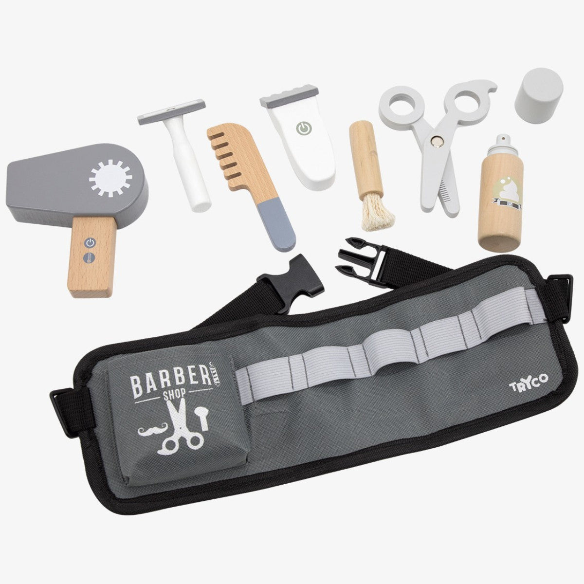 Kit coiffeur barbier en bois pour enfant dès 3 ans. Jeu d’imitation avec accessoires pour stimuler imagination et motricité.