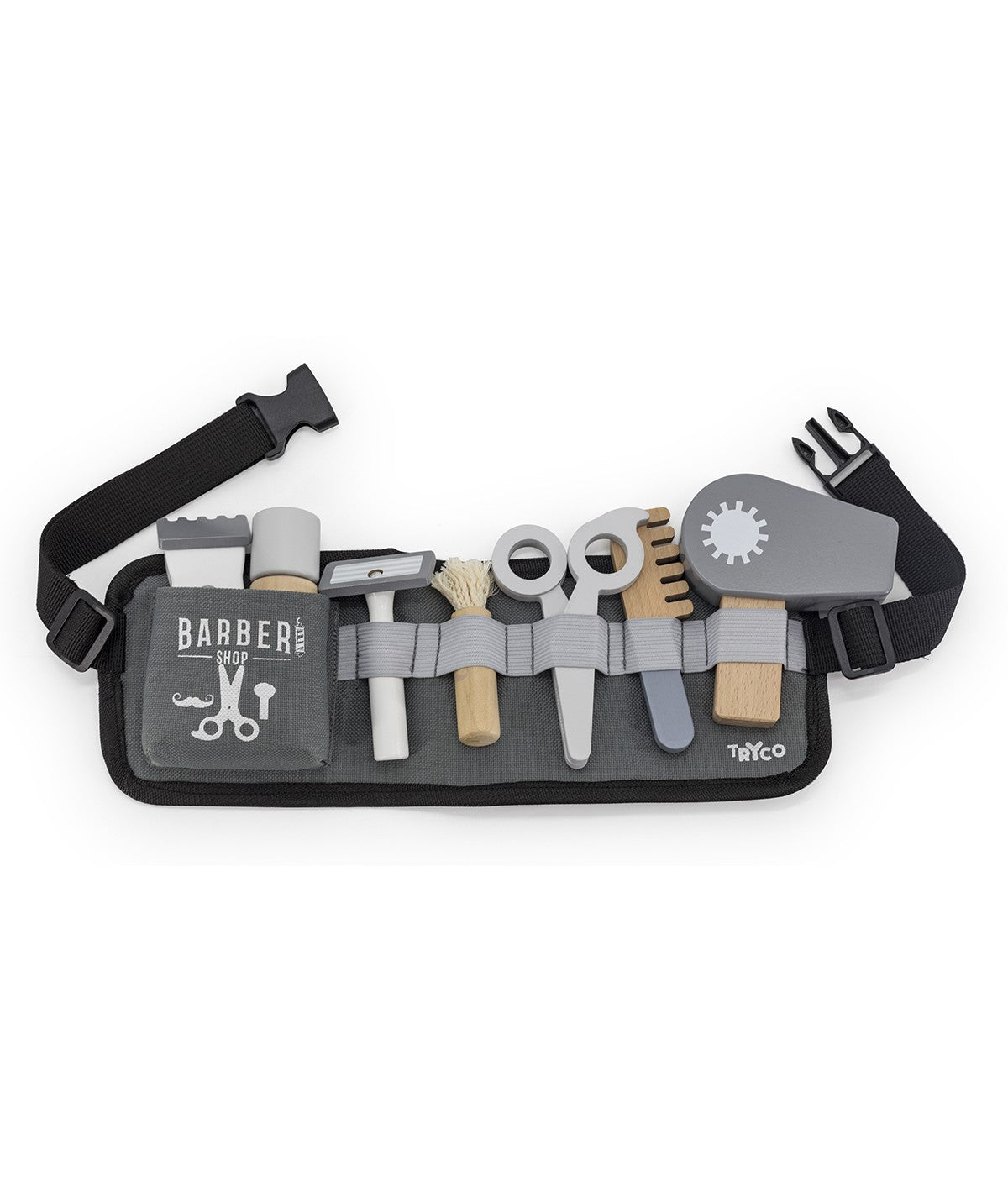 Kit coiffeur barbier en bois pour enfant dès 3 ans. Jeu d’imitation avec accessoires pour stimuler imagination et motricité.