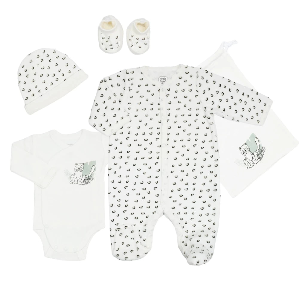 Tenue naissance bébé Léopard – ensemble maternité 5 pièces 1 mois TROIS KILOS SEPT