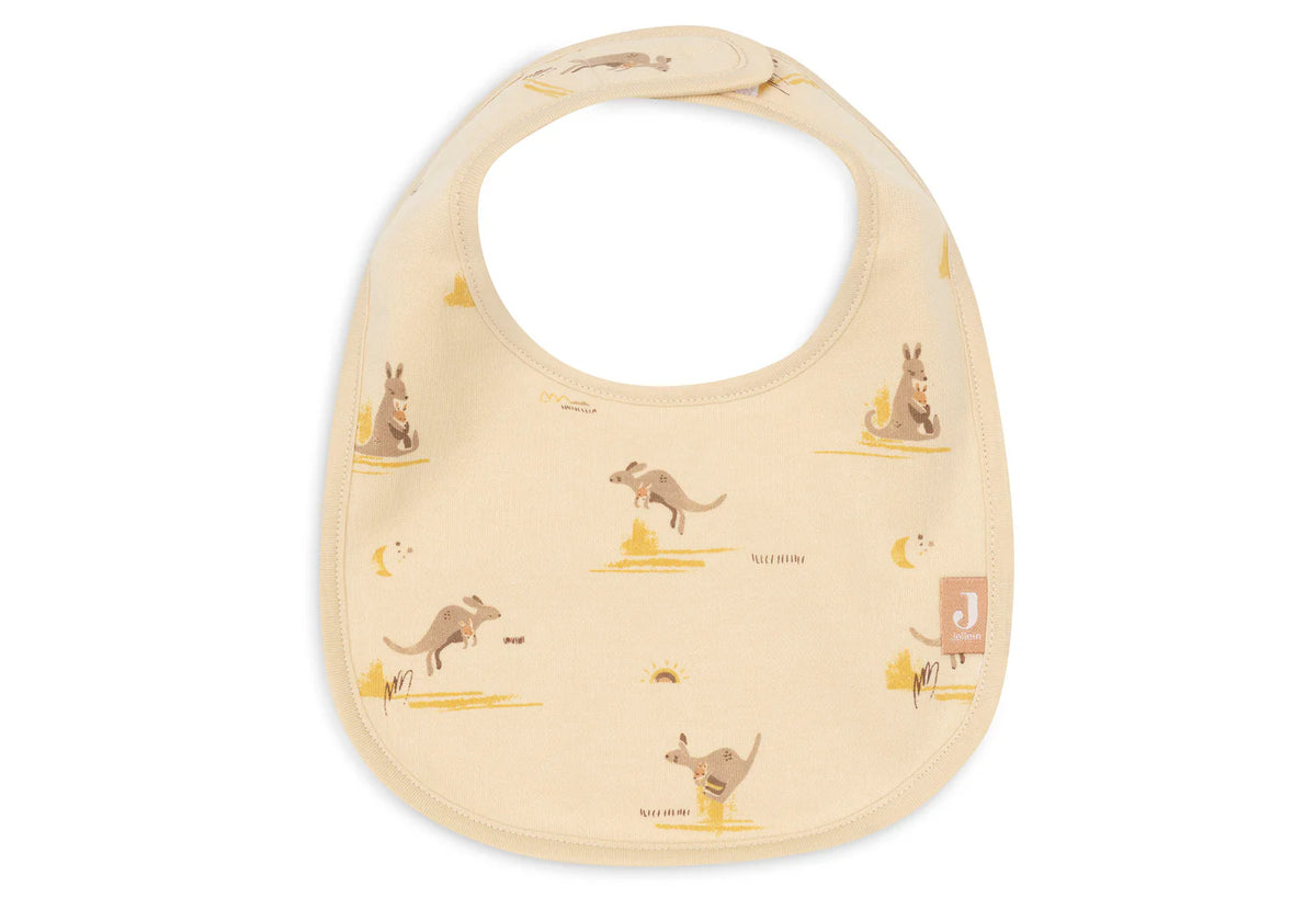Lot de 5 bavoirs imperméables bébé avec velcro facile. Protégez les vêtements et facilitez l’habillage. Motifs Kangourous colorés et tendance, lavables à 40 °C.