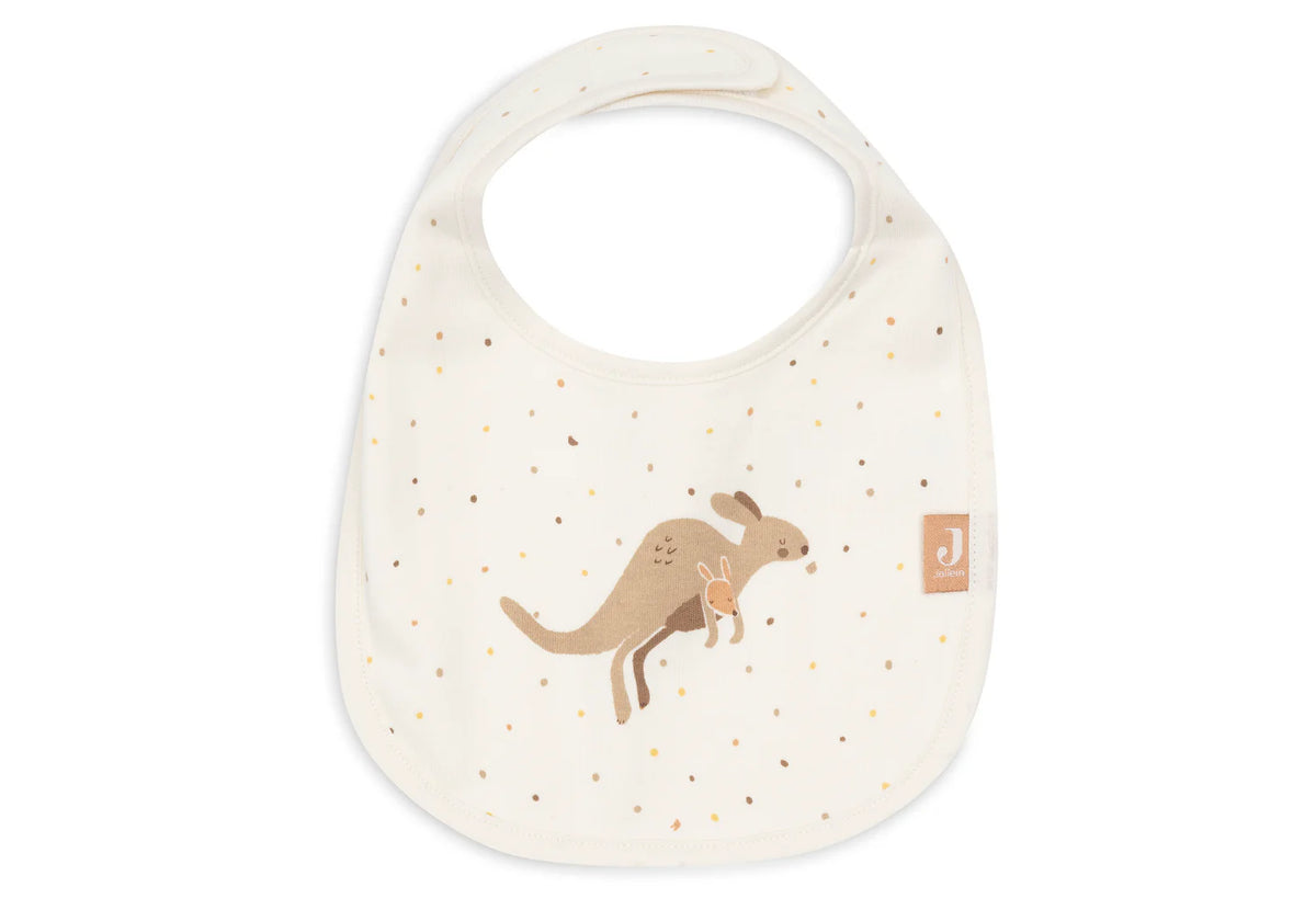 Lot de 5 bavoirs imperméables bébé avec velcro facile. Protégez les vêtements et facilitez l’habillage. Motifs Kangourous colorés et tendance, lavables à 40 °C.