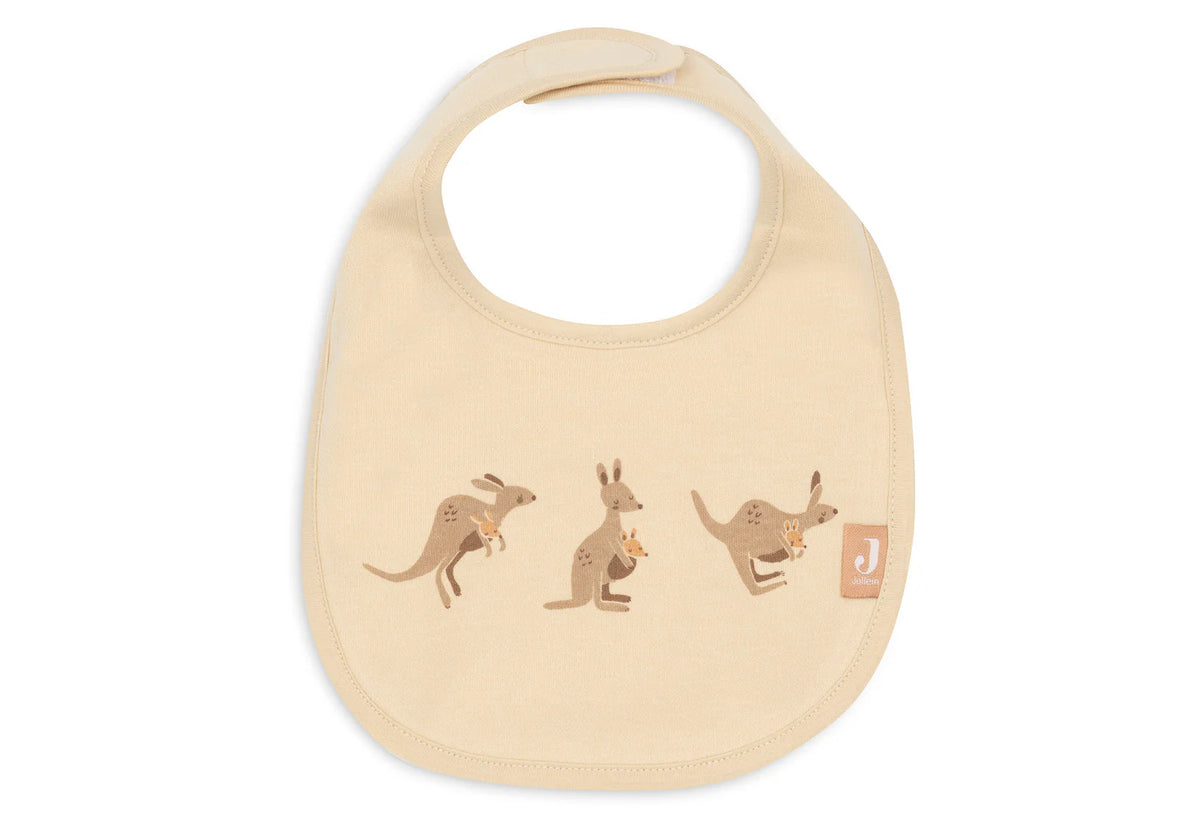 Lot de 5 bavoirs imperméables bébé avec velcro facile. Protégez les vêtements et facilitez l’habillage. Motifs Kangourous colorés et tendance, lavables à 40 °C.