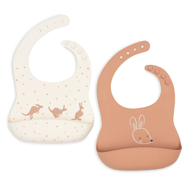 Lot de 2 bavoirs silicone pour bébé, sans BPA. Bac récupérateur et fermeture ajustable. Idéal pour les repas propres et amusants. Compatible lave-vaisselle.