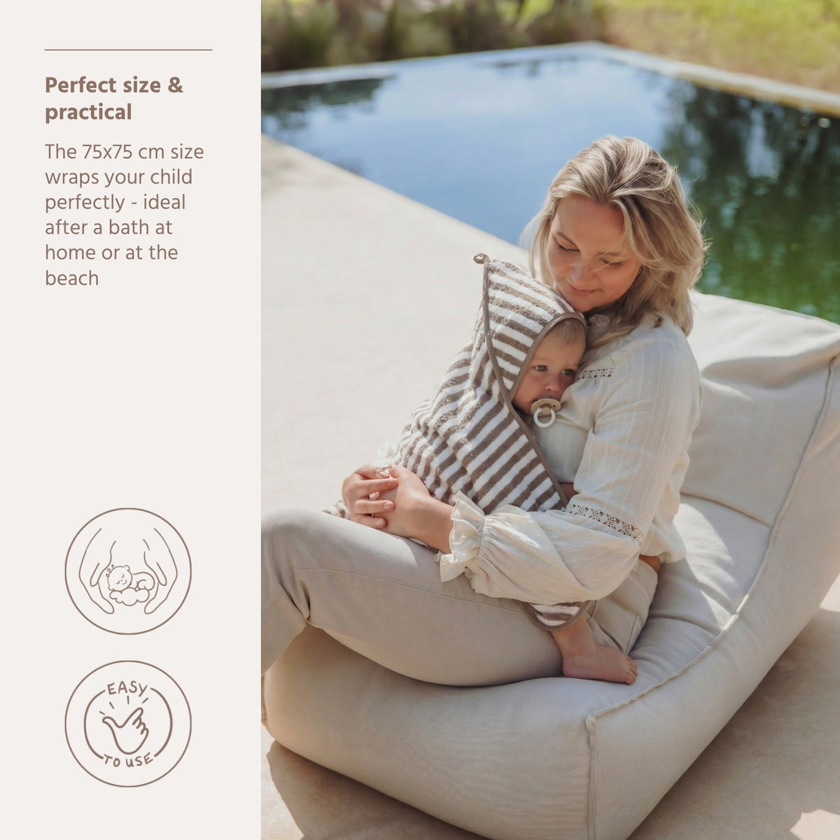 La cape de bain bébé rayée en éponge jacquard Meyco Baby associe douceur, absorption et élégance. Son tissage jacquard, sa boucle de suspension pratique et son format 75 × 75 cm en font un indispensable pour envelopper bébé de chaleur après chaque bain. Cape de bain bébé Meyco Baby en éponge jacquard rayée 75 × 75 cm, douce, absorbante et idéale pour garder bébé bien au chaud après le bain.
