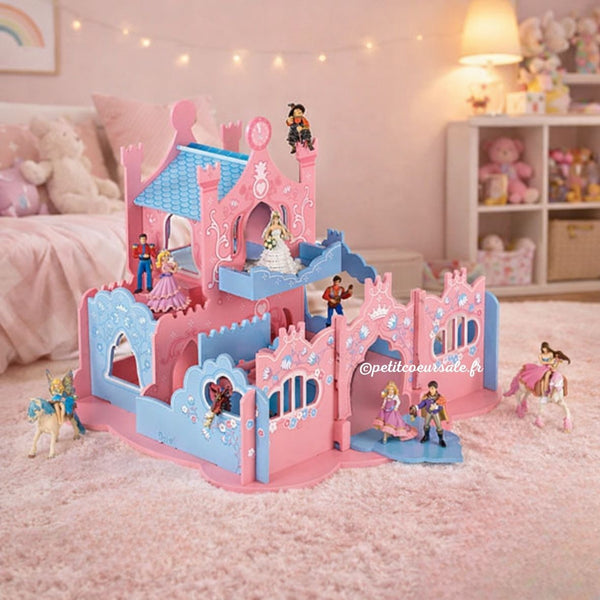 Château en bois enfant avec accessoires. Jouet d’imagination pour créer des histoires et développer la créativité.