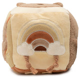 Cube d’activités bébé Kangourou avec miroir, grelots, tissu qui craque et figurines d’animaux. Stimule la motricité, l’éveil sensoriel et le jeu interactif.