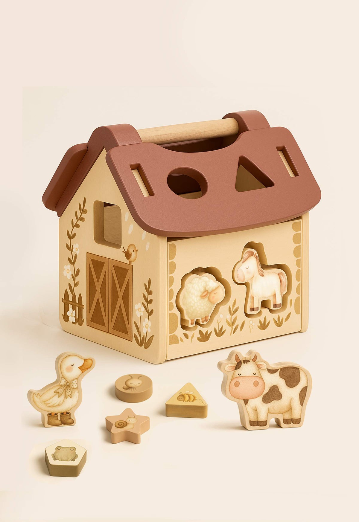 Explore la ferme avec Tiny Barn 🐑, le jeu de tri de formes en bois. Stimule la motricité fine, la logique et la coordination main-œil pour les enfants dès 18 mois.