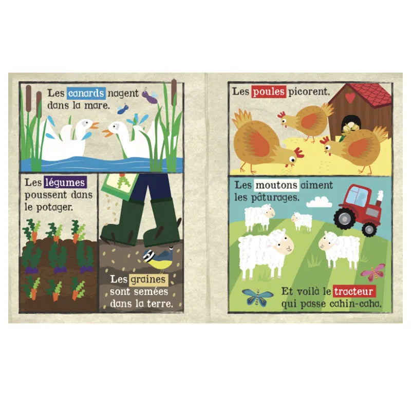 Pages crépitantes illustrant vaches, poules  moutons et cochons pour bébé