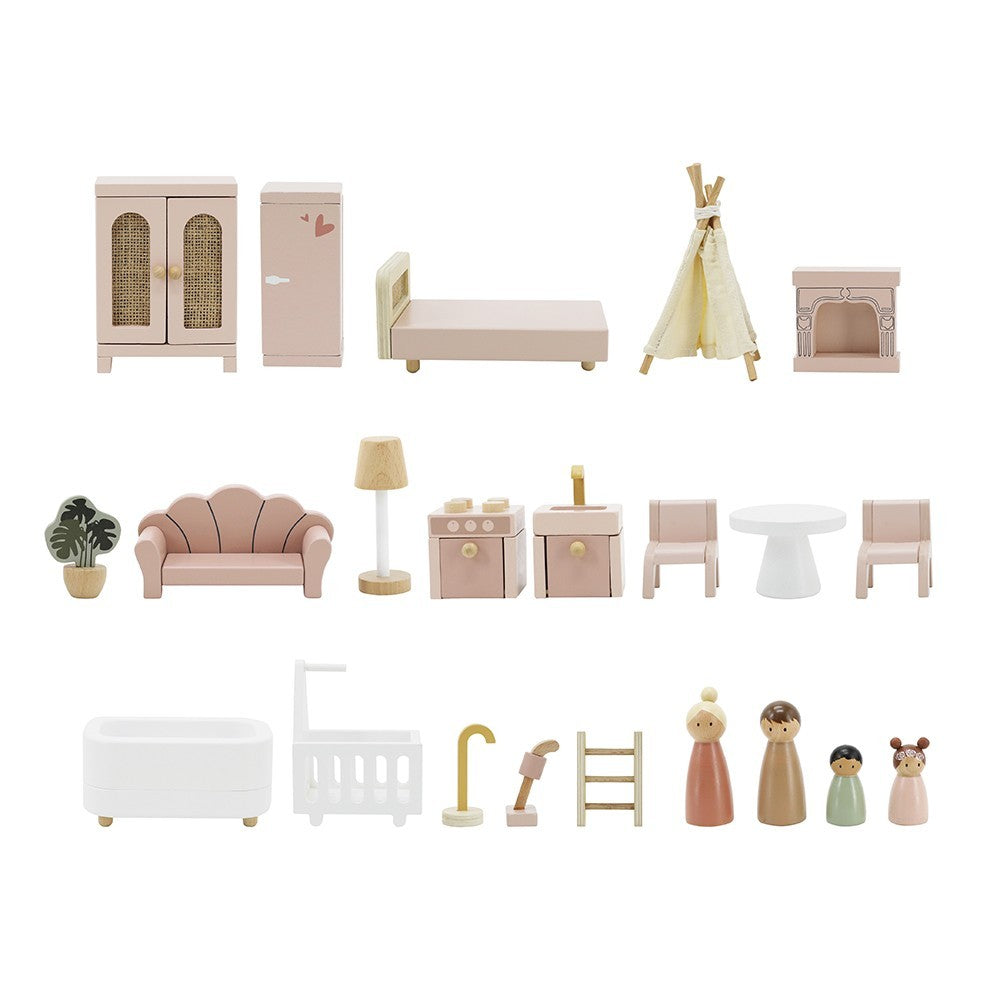 Maison de poupées en bois – Rose avec accessoires et poupées