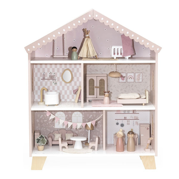 Maison de poupées en bois – Rose avec accessoires et poupées