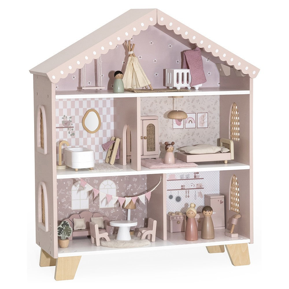 Maison de poupées en bois – Rose avec accessoires et poupées