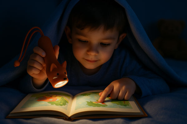 Lampe torche enfant renard rechargeable USB-C. Lumière douce réglable idéale pour histoires du soir et aventures dès 3 ans.