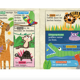 Pages crépitantes illustrant lions, éléphants et girafes pour bébé