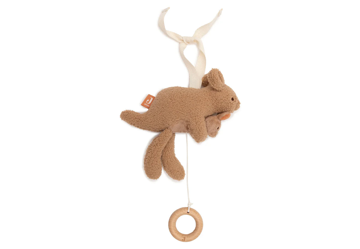 Peluche musicale Kangourou avec bébé dans la poche. Mélodie douce pour apaiser bébé et favoriser l’endormissement. Douce, sécurisée et réconfortante.