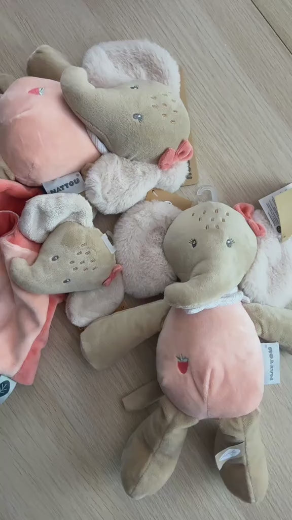 collection flo ernest et oli nattou boutique pour bébé petit coeur salé peluche musicale, doudou plat et peluche éléphant