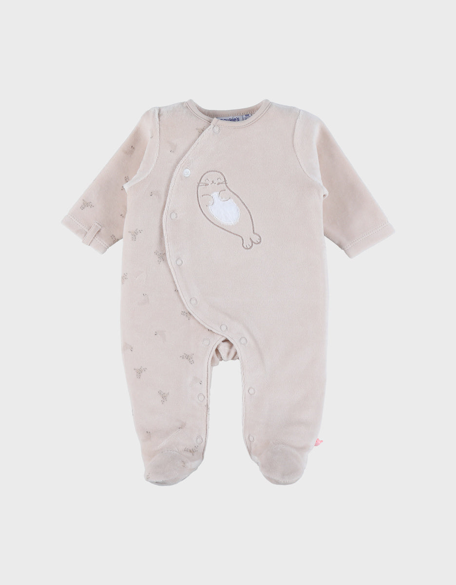 Pyjama bébé écru en velours avec broderie phoques NOUKIES