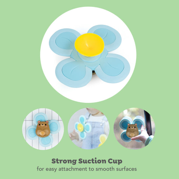 Stimulez les sens de votre bébé avec ce jouet ours rotatif ! Rotation à 4 palettes, ventouse solide, motricité fine et apprentissage par cause à effet. Dès 6 mois.