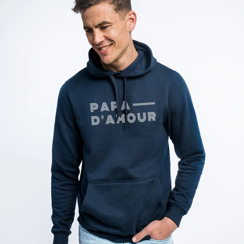 Hoodie bleu marine homme Papa d’amour à message, sweat confortable avec capuche et poche kangourou, idée cadeau papa
