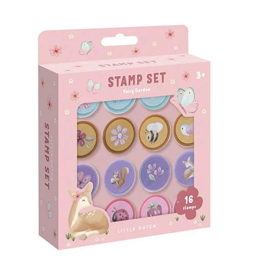 Set de 16 tampons encreurs Fairy Garden dès 3 ans. Auto-encreurs, univers féerique et boîte incluse.